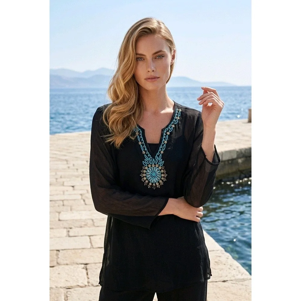 Look Nazaar‎ L Black Sheer Beaded Kaftan Tunic Swimsuit Cover Up Top Large